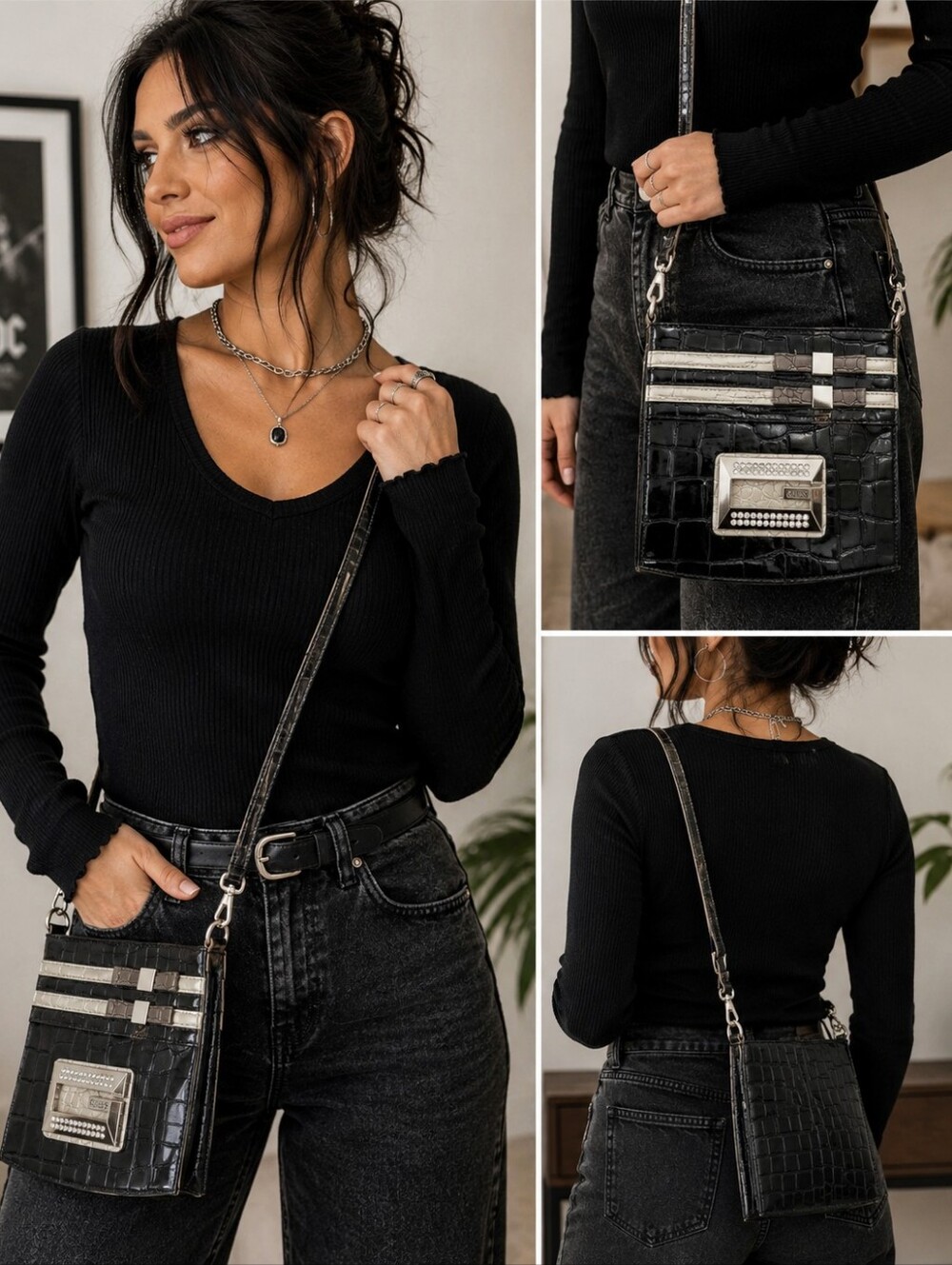 GUESS Y2K Black Croc Embossed Rhinestone Logo Crossbody Shoulder Bag